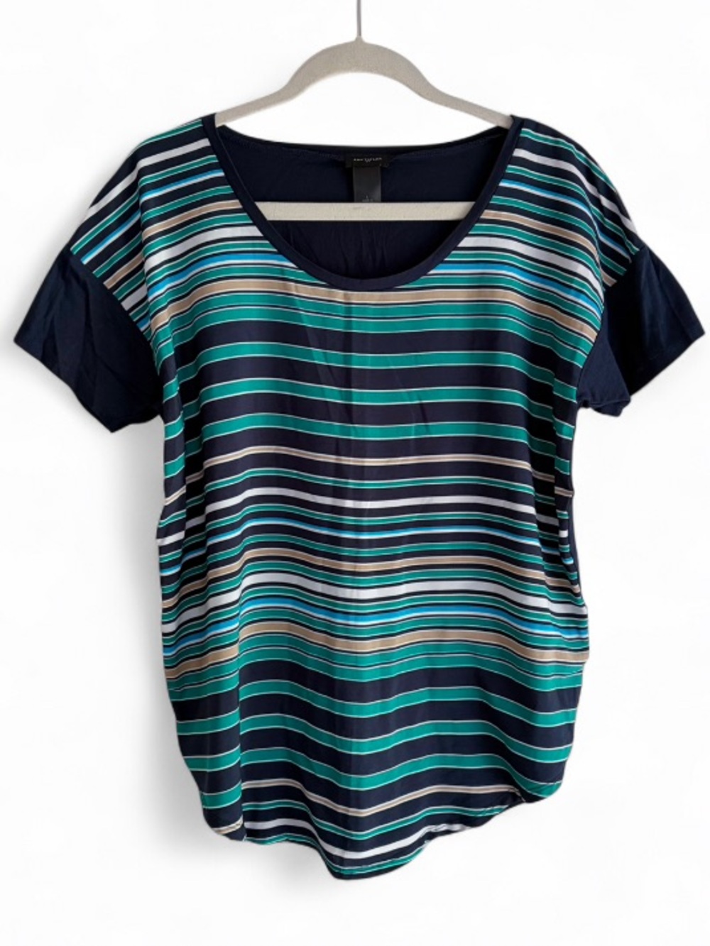 Ann Taylor Navy Blue Striped Short Sleeve Shirt Size L